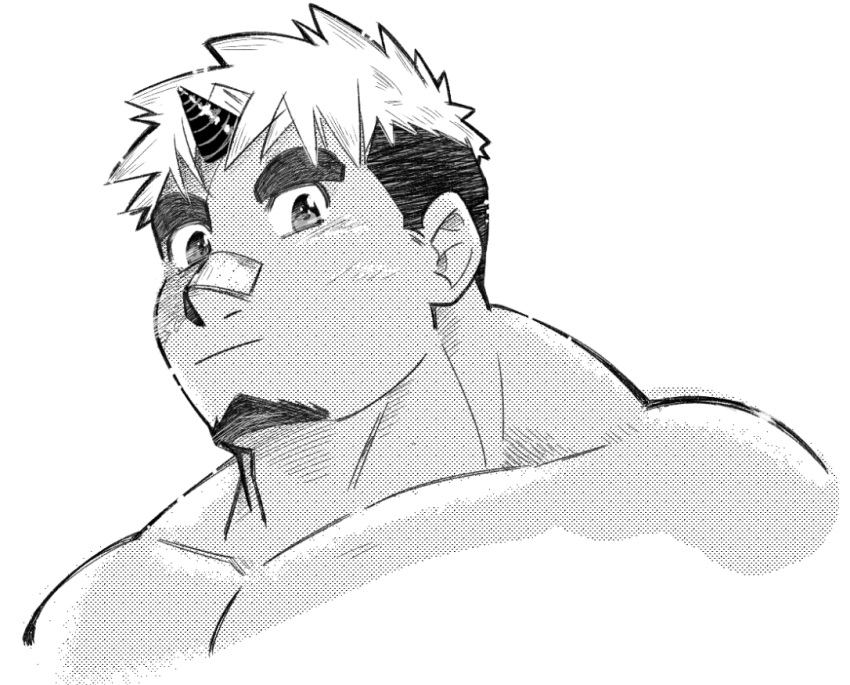 1boy :/ akiha_gongen_(housamo) bandaid bandaid_on_face bandaid_on_nose bara cropped_torso facial_hair goatee greyscale horns huge_eyebrows light_blush looking_at_viewer male_focus monochrome multicolored_hair muscular muscular_male nude pectorals ragi_san_(ononokomachiimo) short_hair sideways_mouth single_horn solo thick_neck tokyo_afterschool_summoners two-tone_hair