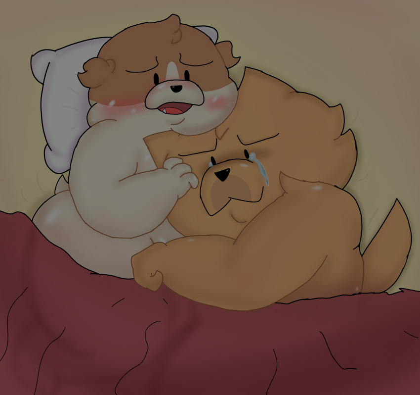 absurd_res anthro bedroom big_butt bodily_fluids boyfriends brown_body butt crying dogs_in_space duo embrace hi_res hug humanoid jerry_(dogs_in_space) loaf_(dogs_in_space) male male/male muscular muscular_male netflix nude slightly_chubby tears ugly-rat15508