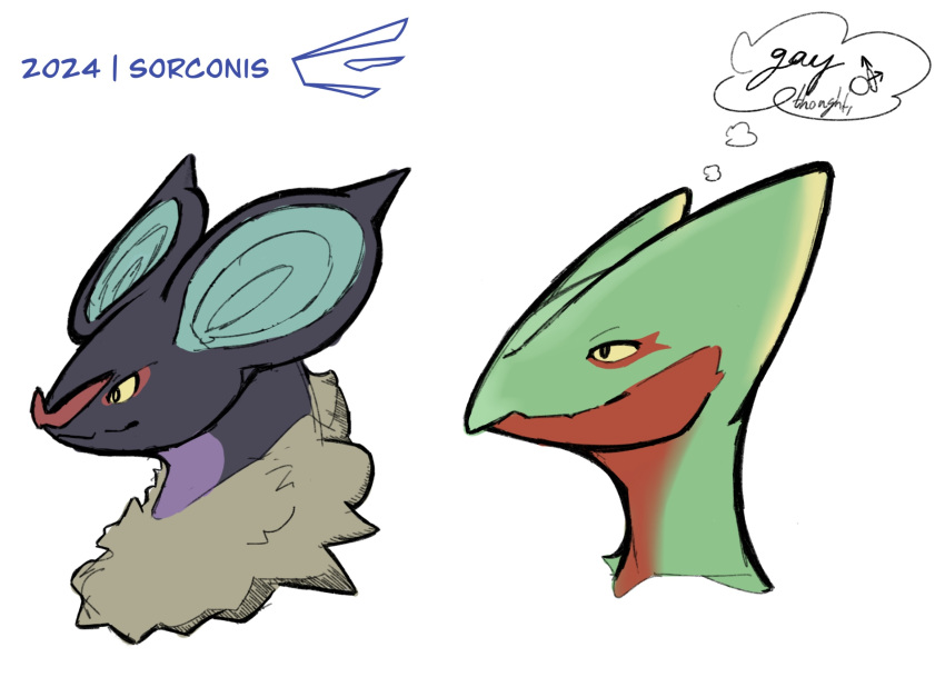 bat_nose blue_ears bust_portrait dark_body duo feral generation_3_pokemon generation_6_pokemon green_body hi_res male neck_floof nintendo noivern novaconis pokemon pokemon_(species) portrait sceptile sketch sorconis_(artist) staring_up thought_bubble