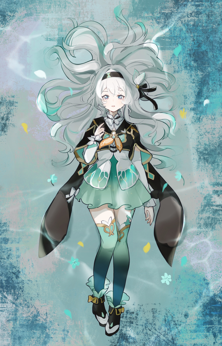 1girl absurdres arm_at_side black_cape black_footwear black_hairband black_jacket black_ribbon blue_eyes blush boots bow cape collared_shirt cropped_jacket firefly_(honkai:_star_rail) from_above full_body green_skirt green_thighhighs grey_hair hair_between_eyes hair_bow hair_intakes hair_ribbon hair_spread_out hairband hand_on_own_chest highres honkai:_star_rail honkai_(series) jacket knees_together_feet_apart long_hair long_sleeves looking_at_viewer lying miniskirt neckerchief on_back orange_neckerchief orra parted_lips pink_eyes pleated_skirt ribbon shirt sidelocks skirt solo thighhighs two-tone_eyes white_bow white_shirt zettai_ryouiki