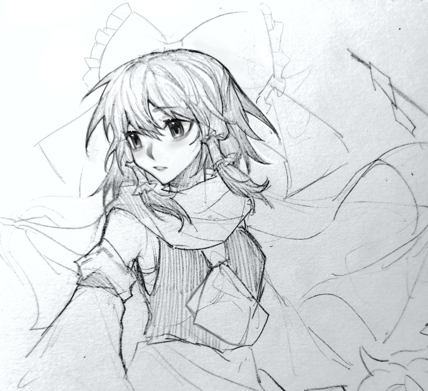 1girl ascot breasts chinese_commentary commentary_request detached_sleeves frilled_ribbon frills graphite_(medium) greyscale hair_ribbon hair_tubes hakurei_reimu highres medium_hair monochrome parted_lips ribbon scarf shirt sketch sleeveless sleeveless_shirt small_breasts solo touhou traditional_media xianyujunzhimiyingla