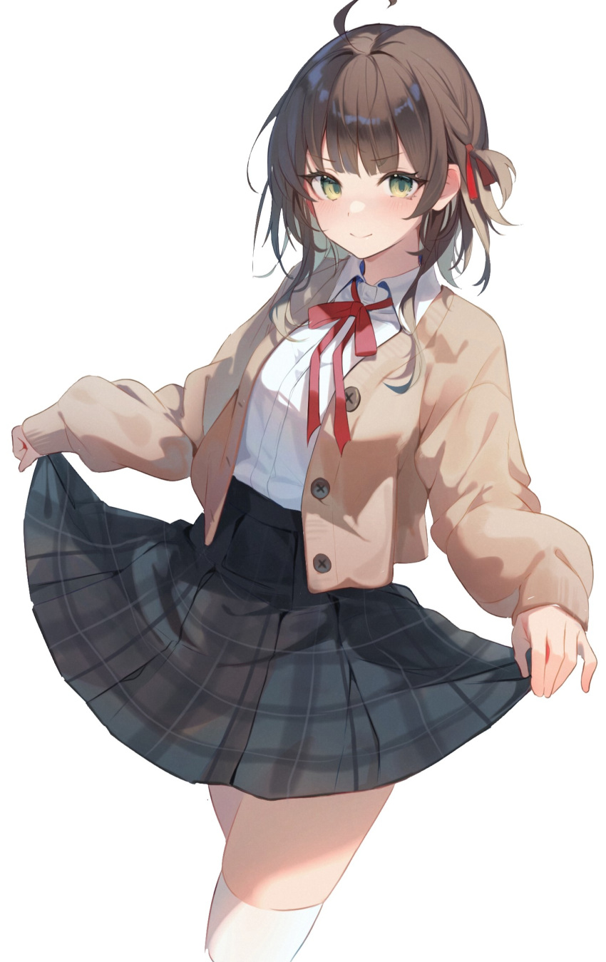 1girl ahoge black_skirt blush breasts brown_cardigan brown_hair cardigan closed_mouth collared_shirt cowboy_shot dot_nose green_eyes hair_ribbon high-waist_skirt highres legs_together long_bangs long_sleeves looking_at_viewer lumo_1121 medium_hair neck_ribbon open_cardigan open_clothes original plaid plaid_skirt pleated_skirt red_ribbon ribbon school_uniform shirt shirt_tucked_in sidelocks simple_background skirt skirt_hold sleeves_past_wrists small_breasts smile solo thighhighs thighs white_background white_shirt white_thighhighs wing_collar zettai_ryouiki