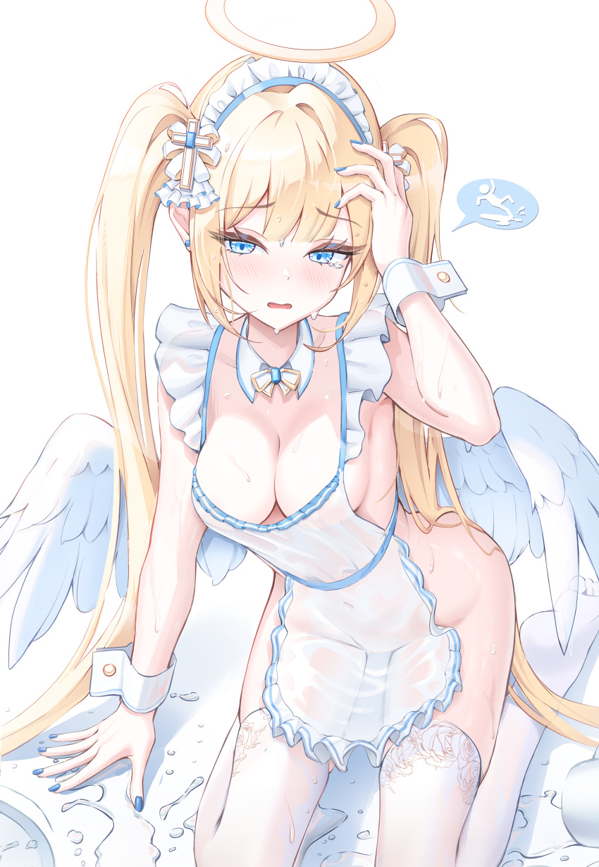1girl absurdres angel angel_wings apron arm_up blonde_hair blue_eyes blue_nails breasts cleavage commentary_request covered_navel cross earrings feathered_wings hair_intakes halo hand_on_ground hand_on_own_head highres jewelry kira_(kira78718520) long_hair maid_apron maid_headdress naked_apron navel on_ground open_mouth original outstretched_hand see-through_apron sidelocks simple_background solo speech_bubble thighhighs twintails very_long_hair wet wet_clothes white_background white_thighhighs white_wings white_wrist_cuffs wings wrist_cuffs