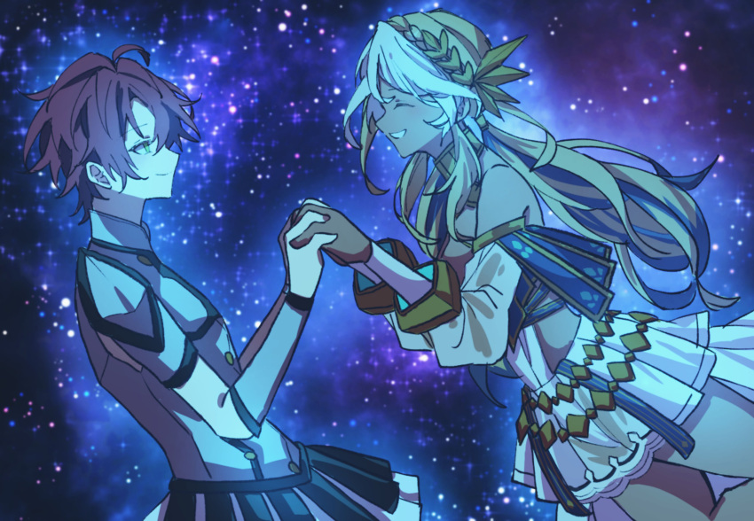 1boy 1girl absurdres andromeda_(fate) bare_shoulders brown_hair choker closed_mouth dark-skinned_female dark_skin detached_sleeves fate/grand_order fate/prototype fate_(series) gold_choker green_eyes hair_ornament highres holding_hands long_hair multicolored_hair red_hair smile space two-tone_hair white_hair yawa_83