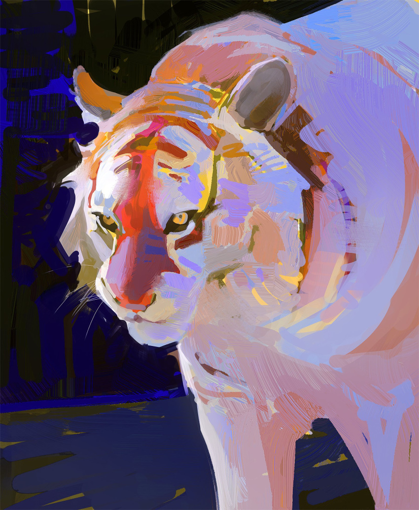 abstract animal animal_focus chinese_zodiac closed_mouth colored_sclera commentary english_commentary faux_traditional_media highres looking_ahead looking_at_viewer night no_humans original outdoors psychedelic sketch solo tiger whiskers white_tiger yellow_eyes yuming_li