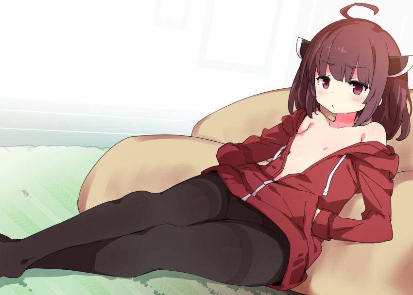 1girl ahoge bare_shoulders bean_bag_chair black_pantyhose blush breasts brown_hair carpet crossed_legs frown hair_ornament hands_in_pockets jacket looking_at_viewer lying no_shirt on_back pantyhose petenshi_(dr._vermilion) red_eyes small_breasts solo thighband_pantyhose touhoku_kiritan voiceroid