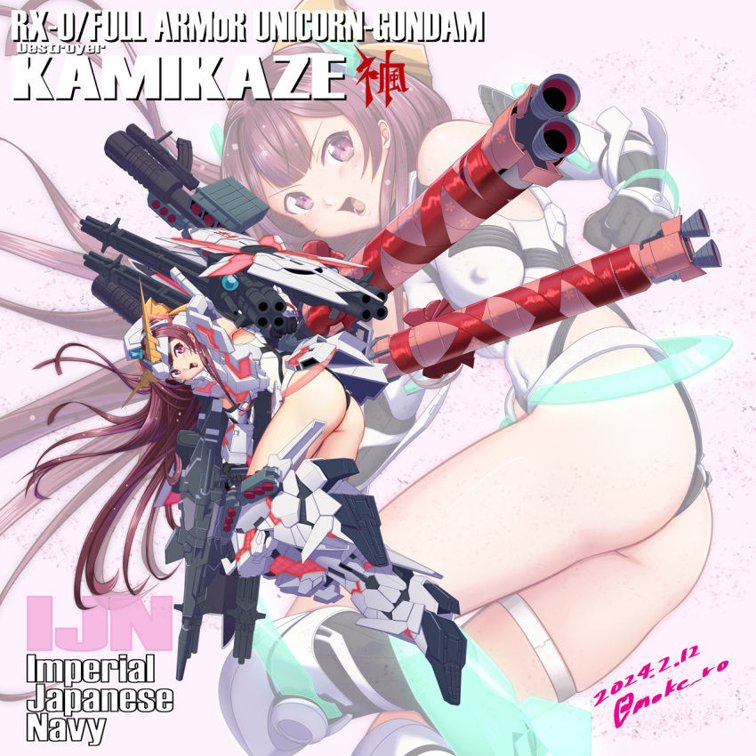 1girl angela_balzac angela_balzac_(cosplay) ass bow commentary_request cosplay covered_nipples dated deva_battle_suit elbow_gloves full_body gloves gundam gundam_unicorn hair_bow highres kamikaze_(kancolle) kantai_collection leotard long_hair moke_ro purple_eyes purple_hair rakuen_tsuihou solo twitter_username unicorn_gundam unicorn_gundam_(cosplay) variant_set white_leotard yellow_bow zoom_layer