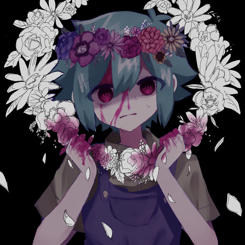 1boy antenna_hair aqua_hair basil_(headspace)_(omori) basil_(omori) black_background blood blood_on_face blood_on_hands blue_overalls collared_shirt flower green_shirt hair_between_eyes head_wreath highres holding official_alternate_eye_color omori overalls petals red_eyes shirt short_hair short_sleeves solo sweat yuyuyu_m5