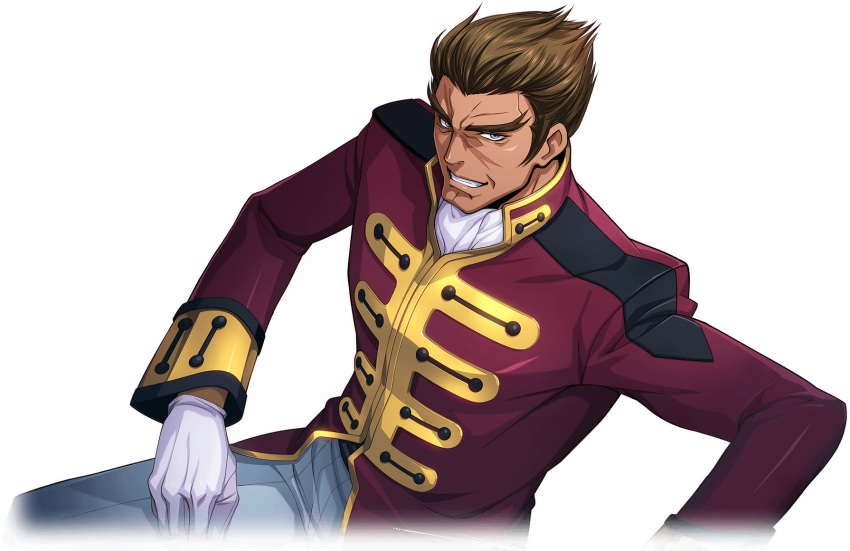 1boy andreas_darlton artist_request ascot brown_hair code_geass code_geass:_lost_stories forked_eyebrows game_cg gloves grey_eyes grin happy highres invisible_chair jacket long_sleeves looking_at_viewer male_focus military_uniform non-web_source official_art pants red_jacket short_hair simple_background sitting smile solo spiked_hair teeth thick_eyebrows transparent_background uniform white_ascot white_gloves white_pants