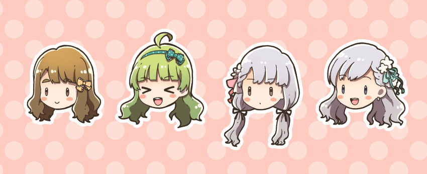 &gt;_&lt; 4girls :o ahoge aqua_bow aqua_hairband black_ribbon blue_bow blue_ribbon blunt_bangs blush_stickers bow braid brown_eyes brown_hair character_request closed_mouth commentary_request ear_piercing earrings flower green_hair grey_eyes hair_bow hair_flower hair_ornament hair_ribbon hairband head_only highres hoop_earrings idolmaster idolmaster_million_live! jewelry lace-trimmed_bow lace_trim long_hair low_twintails miyao_miya multiple_girls open_mouth outline piercing pink_background pink_bow polka_dot polka_dot_background polka_dot_bow polka_dot_hairband ribbon shimabara_elena shiraishi_tsumugi side_braid simple_background smile teeth twintails upper_teeth_only white_flower white_hair white_outline witoi_(roa) yellow_bow