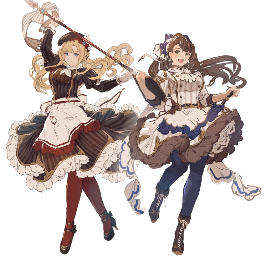 2girls apron beatrix_(granblue_fantasy) beret blonde_hair blue_eyes blue_leggings boots brown_hair cross-laced_footwear frilled_skirt frills granblue_fantasy hair_ribbon hat high_heels highres holding holding_menu holding_polearm holding_weapon lace-up_boots leggings long_hair low_twintails menu multiple_girls polearm ponytail red_leggings ribbon scarf shimatani_azu shirt skirt striped_clothes striped_shirt striped_skirt twintails vertical-striped_clothes vertical-striped_shirt vertical-striped_skirt weapon white_scarf zeta_(granblue_fantasy)