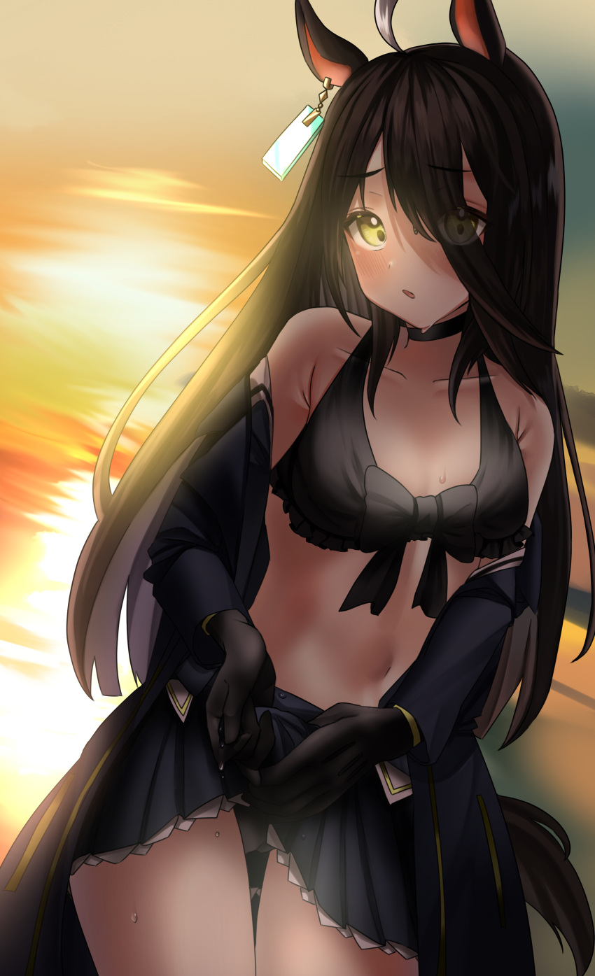 1girl absurdres ahoge animal_ears bikini black_bikini black_choker black_gloves black_hair black_jacket blush breasts choker commentary_request cowboy_shot earrings gloves hair_between_eyes highres horse_ears horse_girl horse_tail jacket jewelry long_hair looking_at_viewer manhattan_cafe_(umamusume) multicolored_hair open_clothes open_jacket open_mouth outdoors po_musubi reflection reflective_water single_earring small_breasts solo streaked_hair swimsuit tail umamusume undressing water white_hair yellow_eyes