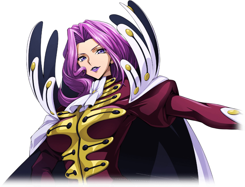 1girl arm_up artist_request ascot breasts cape coat code_geass code_geass:_lost_stories cornelia_li_britannia forehead game_cg gloves hair_intakes happy high_collar highres juliet_sleeves large_breasts lipstick long_hair long_sleeves looking_at_viewer makeup military_uniform non-web_source official_art outstretched_arm parted_lips puffy_sleeves purple_eyes purple_hair purple_lips red_coat sidelocks smile solo standing teeth uniform upper_body v-shaped_eyebrows white_ascot white_cape white_gloves