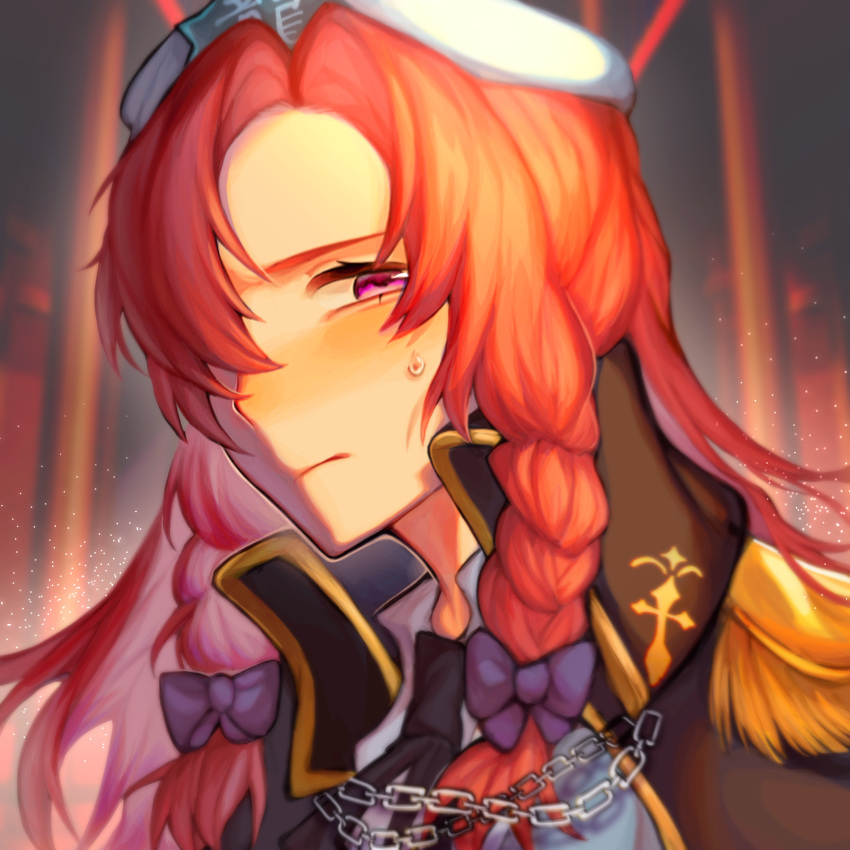 1girl ascot black_ascot black_jacket blue_ribbon blush braid chinese_commentary closed_mouth commentary_request hair_ribbon hat highres hong_meiling hong_meiling_(immovable_demon's_gate) jacket long_hair open_clothes open_jacket pink_eyes portrait red_hair ribbon shirt solo sweat touhou touhou_lost_word white_headwear white_shirt xianyujunzhimiyingla