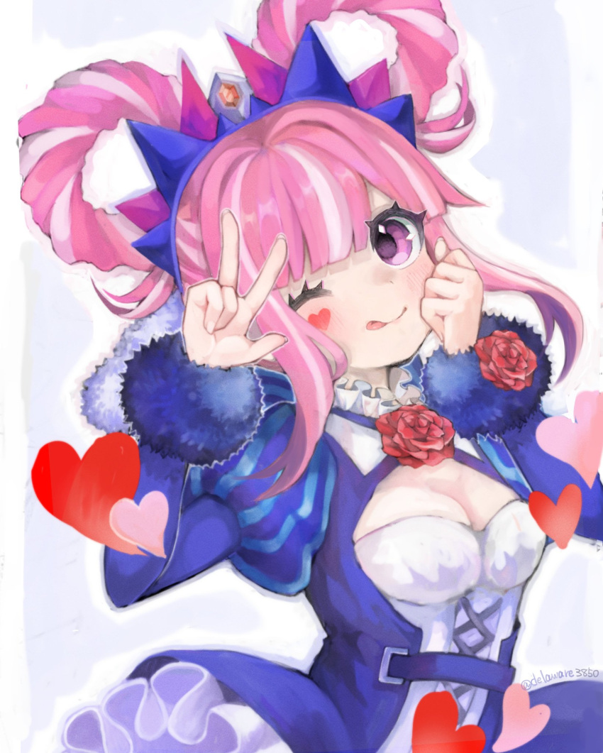 1girl ;p blue_dress blunt_bangs breasts cleavage delaware3850 dress facial_mark fire_emblem fire_emblem_engage hair_rings heart heart_facial_mark highres hortensia_(fire_emblem) juliet_sleeves long_sleeves multicolored_hair one_eye_closed pink_eyes pink_hair puffy_sleeves solo tongue tongue_out twitter_username two-tone_hair upper_body w