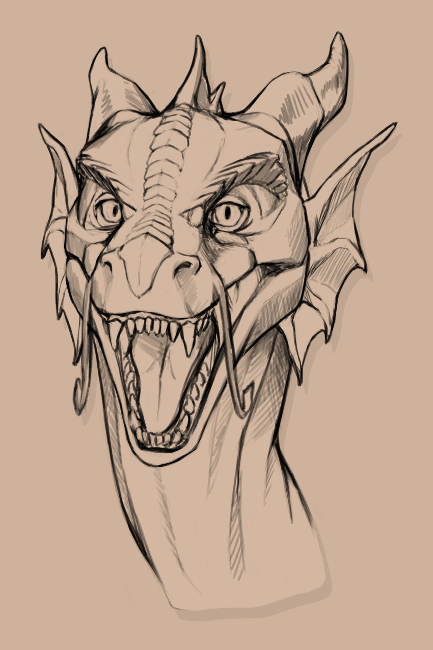 ambiguous_gender dragon ear_frill facial_scales fangs feral frill_(anatomy) hi_res horn khyaber long_neck monochrome open_mouth pupils scales slit_pupils solo teeth tongue