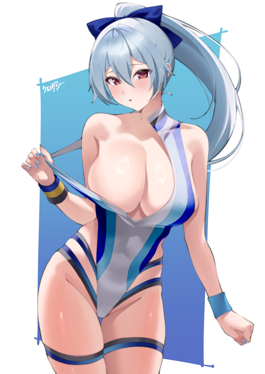 1girl absurdres bare_shoulders blue_bow blue_one-piece_swimsuit blush bow breasts cleavage collarbone fate/grand_order fate_(series) hair_between_eyes hair_bow highleg highleg_swimsuit highres kurozawa_yui large_breasts long_hair looking_at_viewer one-piece_swimsuit open_mouth ponytail red_eyes swimsuit thigh_strap thighs tomoe_gozen_(fate) tomoe_gozen_(swimsuit_saber)_(fate) tomoe_gozen_(swimsuit_saber)_(first_ascension)_(fate) two-tone_swimsuit white_hair white_one-piece_swimsuit wristband