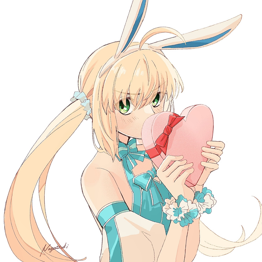 1girl ahoge animal_ears aqua_bow aqua_dress artoria_caster_(fate) artoria_caster_(swimsuit)_(fate) artoria_caster_(swimsuit)_(second_ascension)_(fate) artoria_pendragon_(fate) bare_shoulders blonde_hair blue_scrunchie blush bow box covering_own_mouth detached_sleeves dress fate/grand_order fate_(series) frown gift green_eyes hair_between_eyes halterneck hands_up heart-shaped_box highres holding holding_box holding_gift huwamo9_8ku long_hair looking_at_viewer puffy_short_sleeves puffy_sleeves rabbit_ears red_ribbon ribbon scrunchie short_sleeves signature simple_background solo twintails upper_body valentine white_background wrist_cuffs