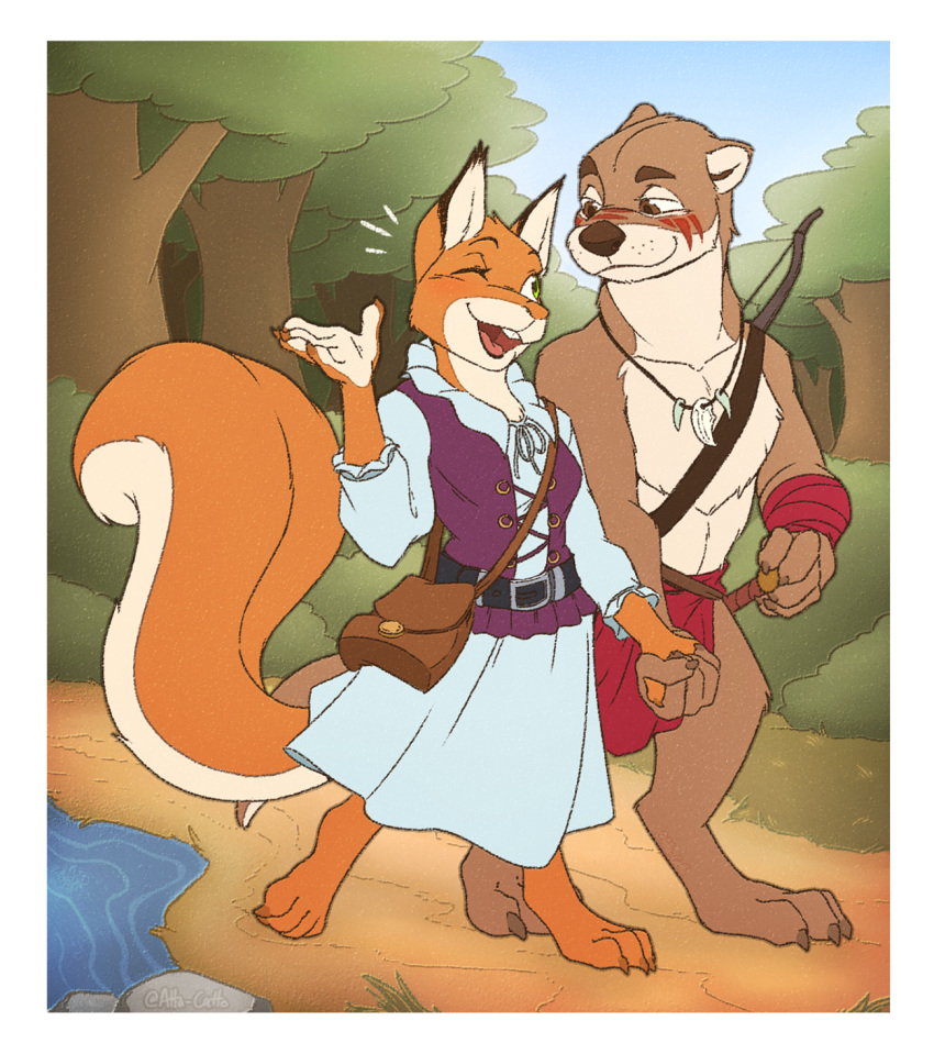 anthro atta_catto bag bedroom_eyes bottomwear brown_body brown_fur clothed clothing duo female forest fur green_eyes hi_res holidays loincloth male male/female mammal markings medieval medieval_clothing mustelid narrowed_eyes orange_body orange_fur otter plant redwall river rodent romantic romantic_couple sciurid seductive smile smiling_at_partner topless topless_male tree tree_squirrel tribal tribal_markings valentine's_day walking