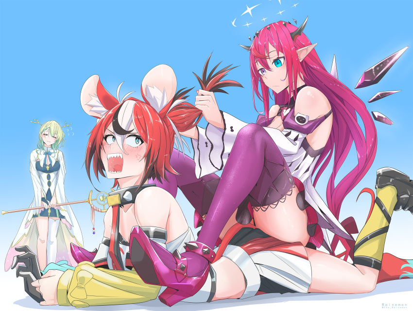 3girls animal_ears blue_eyes ceres_fauna closed_eyes demon_horns grabbing_another's_hair green_eyes hakos_baelz halo heterochromia highres holding holding_staff hololive hololive_english horns irys_(hololive) mouse_ears mouse_tail multiple_girls open_mouth purple_eyes purple_hair sitting sitting_on_person sousou_no_frieren staff tail the_raineman virtual_youtuber wings