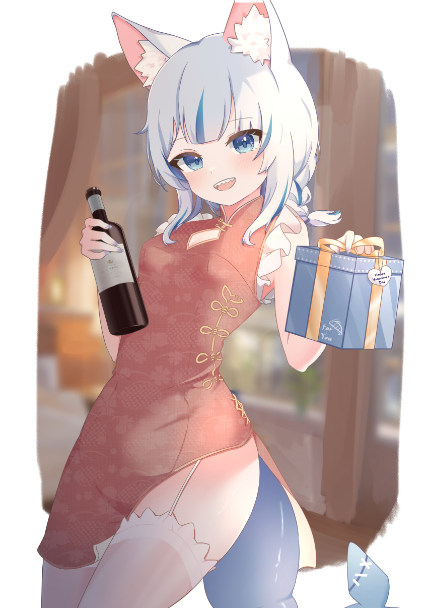 1girl 8_nana_usagi absurdres animal_ear_fluff animal_ears blue_eyes blue_hair blue_nails bottle box braid breasts cat_ears cat_girl china_dress chinese_clothes cleavage_cutout clothing_cutout commentary dress fins fish_tail garter_straps gawr_gura gift gift_box glass_bottle grey_hair highres holding holding_bottle holding_gift hololive hololive_english looking_at_viewer medium_hair multicolored_hair nail_polish open_mouth red_dress shark_girl shark_tail sharp_teeth side_slit sleeveless sleeveless_dress small_breasts solo streaked_hair symbol-only_commentary tail teeth thighhighs two-tone_hair upper_teeth_only valentine white_thighhighs wine_bottle