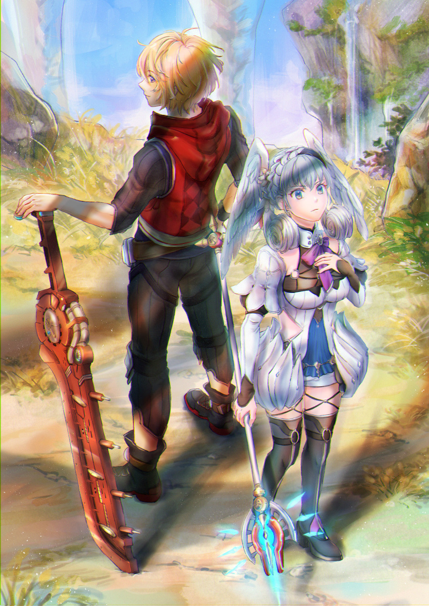 1boy 1girl blonde_hair blue_eyes closed_mouth curly_hair dress from_behind fuwamoko_momen_toufu head_wings highres holding holding_staff holding_sword holding_weapon long_sleeves melia outdoors puffy_sleeves red_vest shoes short_hair short_sleeves shulk silver_hair staff sword vest weapon xenoblade_(series) xenoblade_1 xenoblade_1:_tsunagaru_mirai