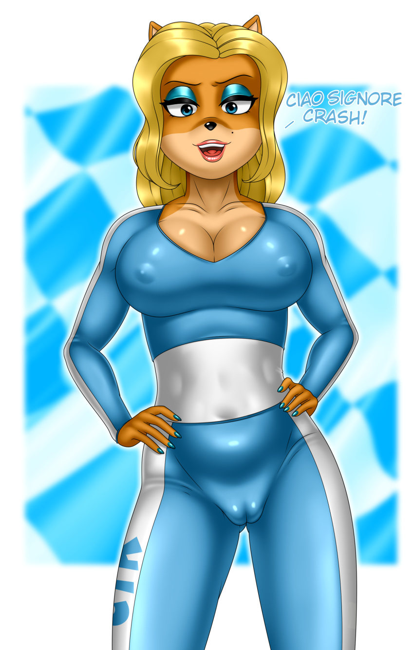 2020 5_fingers absurd_res activision anthro bandicoot beauty_mark biped black_nose blonde_hair blue_eyes bodysuit breasts buffbumblebee camel_toe cleavage clothed clothing colored_nails crash_bandicoot_(series) curled_hair digital_drawing_(artwork) digital_media_(artwork) english_text eyebrows eyelashes eyeshadow female fingers front_view fur genitals hair hands_on_hips hi_res isabella_bandicoot lips lipstick long_hair looking_at_viewer makeup mammal marsupial mole_(marking) nails nipple_outline nipples open_mouth orange_body plump_camel_toe race_queen rubber simple_background skinsuit smile solo standing text tight_clothing tongue video_games