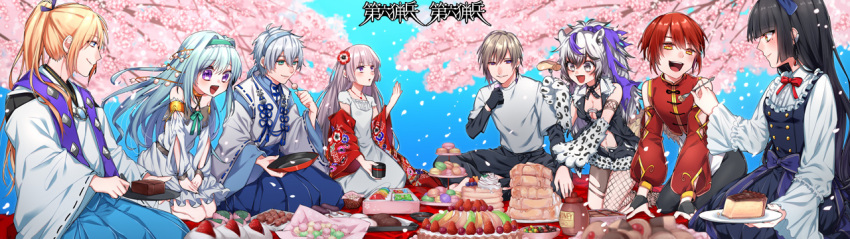 4boys 4girls :d animal_ears black_dress black_gloves black_hair blonde_hair cake cherry_blossoms china_dress chinese_clothes copyright_name dairoku_youhei dango dress feeding fingerless_gloves flower food fork gloves hair_flower hair_ornament headband honey ikurikaito light_blue_hair light_brown_hair long_sleeves looking_at_another macaron multicolored_hair multiple_boys multiple_girls open_mouth outdoors picnic ponytail purple_eyes purple_hair red_hair ribbon-trimmed_sleeves ribbon_trim sitting slice_of_cake smile stitched third-party_edit two-tone_hair wagashi wariza white_hair wide_sleeves