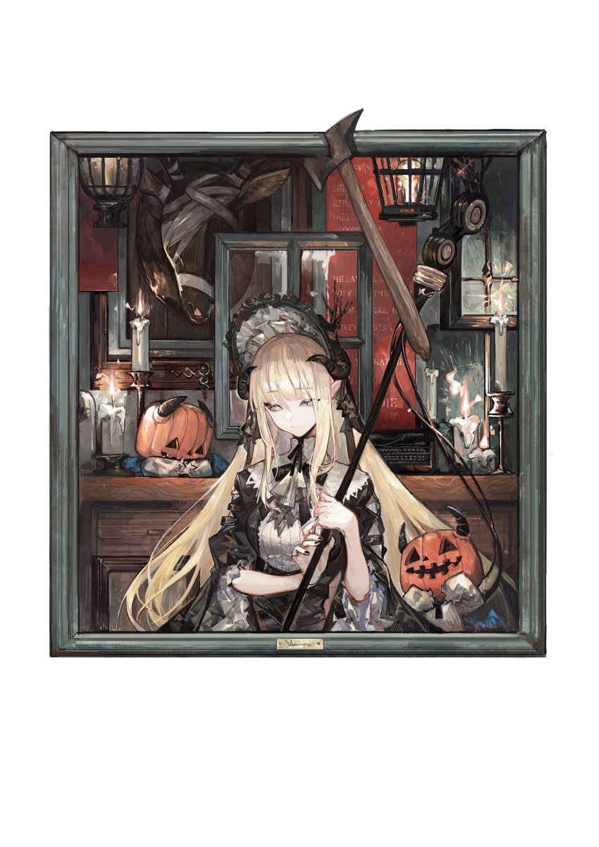 1girl arknights bangs black_dress black_headwear black_nails black_neckwear black_ribbon blonde_hair blunt_bangs bonnet breasts candle chinese_commentary closed_mouth commentary demon_horns doll dress eyebrows_visible_through_hair eyelashes fire halloween_costume hatchet highres holding holding_staff horns jack-o'-lantern lantern light_smile long_hair looking_at_viewer medium_breasts nail_polish neck_ribbon nightingale_(arknights) picture_frame pipidan ribbon silver_eyes smile solo staff straight_hair taxidermy upper_body
