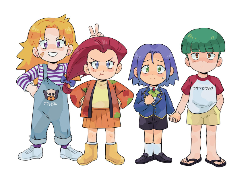 blonde_hair blue_eyes blue_hair butch_(pokemon) cassidy_(pokemon) child green_eyes green_hair highres kiana_mai kojirou_(pokemon) musashi_(pokemon) pokemon pokemon_(anime) red_hair team_rocket