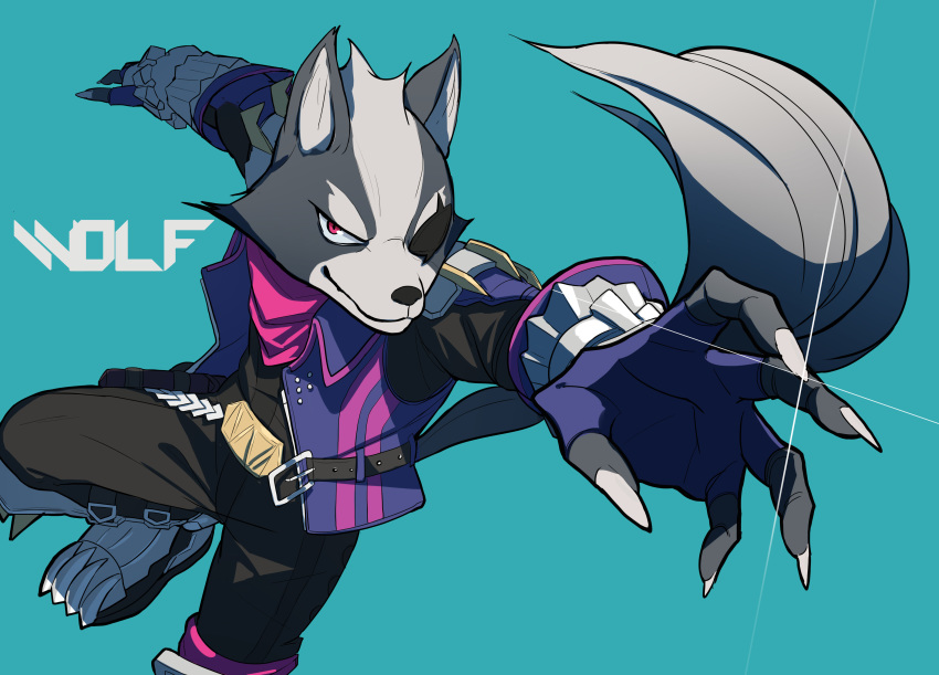 1boy absurdres animal_ears blue_background character_name claws eyepatch fami_(yellow_skies) furry grey_fur highres looking_at_viewer male_focus pants red_eyes simple_background star_fox tail two-tone_fur vambraces vest wolf_boy wolf_ears wolf_o'donnell wolf_tail