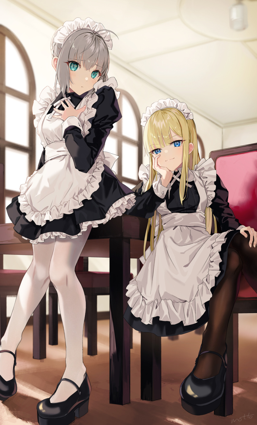 2girls ahoge alternate_costume apron artist_name bangs black_footwear black_legwear blonde_hair blue_eyes blush breasts chair commentary_request dress eyebrows_visible_through_hair fate_(series) frills gray_(lord_el-melloi_ii) green_eyes grey_hair hair_between_eyes hand_on_own_leg highres indoors long_hair long_sleeves looking_at_viewer lord_el-melloi_ii_case_files maid maid_apron maid_headdress mocha_(mokaapolka) multiple_girls pantyhose reines_el-melloi_archisorte shoes short_hair sitting smile table white_legwear