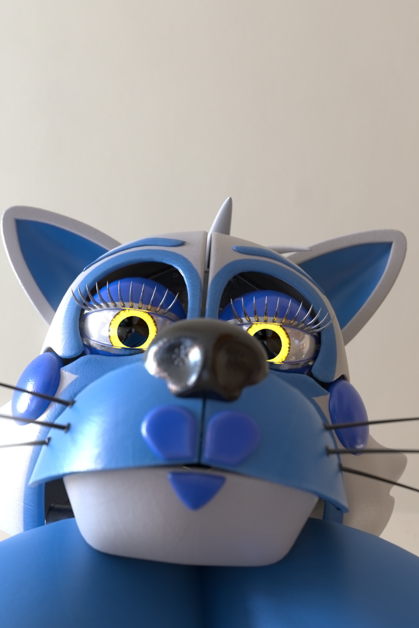 2020 3d_(artwork) animatronic anthro biped blue_body bluffy breasts canid canine close-up depth_of_field digital_media_(artwork) eye_reflection fan_character female five_nights_at_freddy's fox funtime_foxy_(fnaf) glistening glistening_eyes glowing glowing_eyes hi_res kristall_krit low-angle_view machine mammal multicolored_body reflection robot solo video_games white_body yellow_eyes