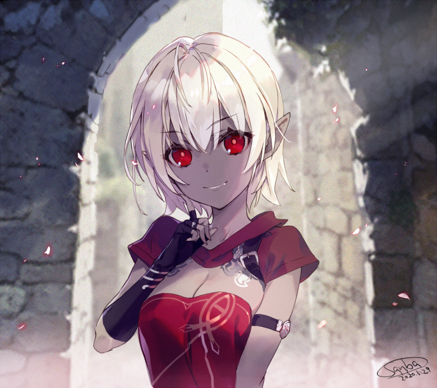 1girl arm_belt bangs black_gloves breasts cleavage dark_elf dark_skin dated dress elf eyebrows_visible_through_hair fang finger_to_cheek fingerless_gloves gloves hair_between_eyes looking_at_viewer medium_breasts original outdoors pointy_ears red_dress red_eyes red_sleeves sanbasou short_hair short_sleeves shrug_(clothing) signature smile smirk solo strapless strapless_dress tattoo tube_dress upper_body white_hair