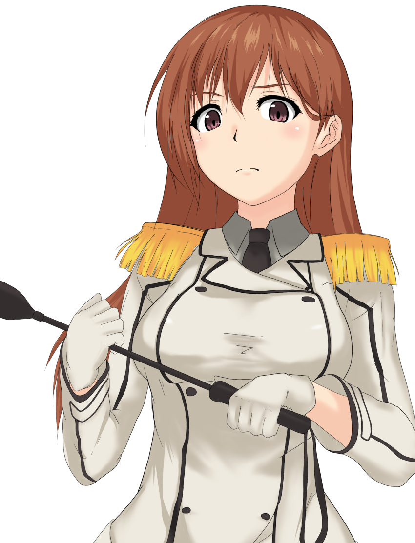 1girl absurdres black_neckwear breasts brown_hair collared_shirt cosplay double-breasted epaulettes frown grey_shirt highres jacket kantai_collection katori_(kantai_collection) katori_(kantai_collection)_(cosplay) kinakomochi_(testament05) large_breasts long_hair looking_at_viewer necktie ooi_(kantai_collection) purple_eyes riding_crop shirt simple_background solo upper_body white_background white_jacket