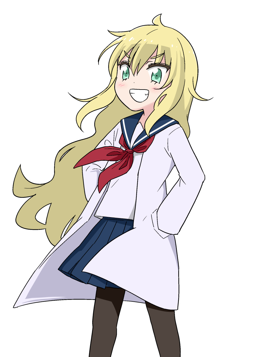 1girl absurdres bangs black_legwear black_sailor_collar blonde_hair blue_skirt blush commentary_request eyebrows_visible_through_hair green_eyes grin hair_between_eyes hands_in_pockets harunatsu_akito highres labcoat long_hair long_sleeves neckerchief open_clothes original pantyhose pleated_skirt red_neckwear sailor_collar school_uniform serafuku shirt simple_background skirt smile solo very_long_hair white_background white_shirt