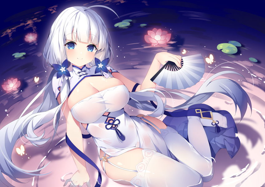 anthropomorphism azur_lane blue_eyes breasts chinese_clothes chinese_dress cleavage fan flowers gray_hair illustrious_(azur_lane) long_hair stockings thighhighs tsukimi_(xiaohuasan) twintails watermark