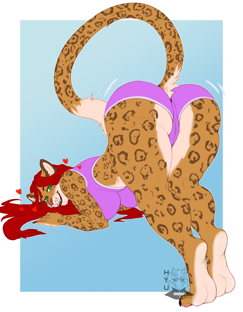 anthro bent_over big_butt butt clothed clothing felid female green_eyes hair hi_res hyucaze leopard long_hair looking_at_viewer mahiri mammal pantherine red_hair smile solo stretching thick_thighs tight_clothing yoga_pants