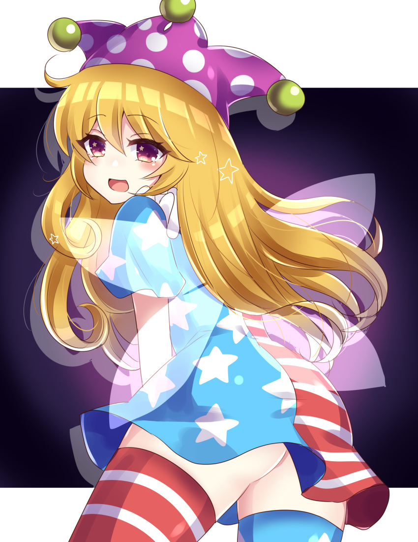 1girl absurdres alternate_legwear american_flag_dress american_flag_legwear ass blonde_hair clownpiece dress fairy_wings hat highres jester_cap long_hair looking_at_viewer looking_back open_mouth polka_dot purple_headwear red_eyes short_dress short_sleeves solo star_(symbol) star_print striped subaru_(subachoco) thighhighs touhou wings