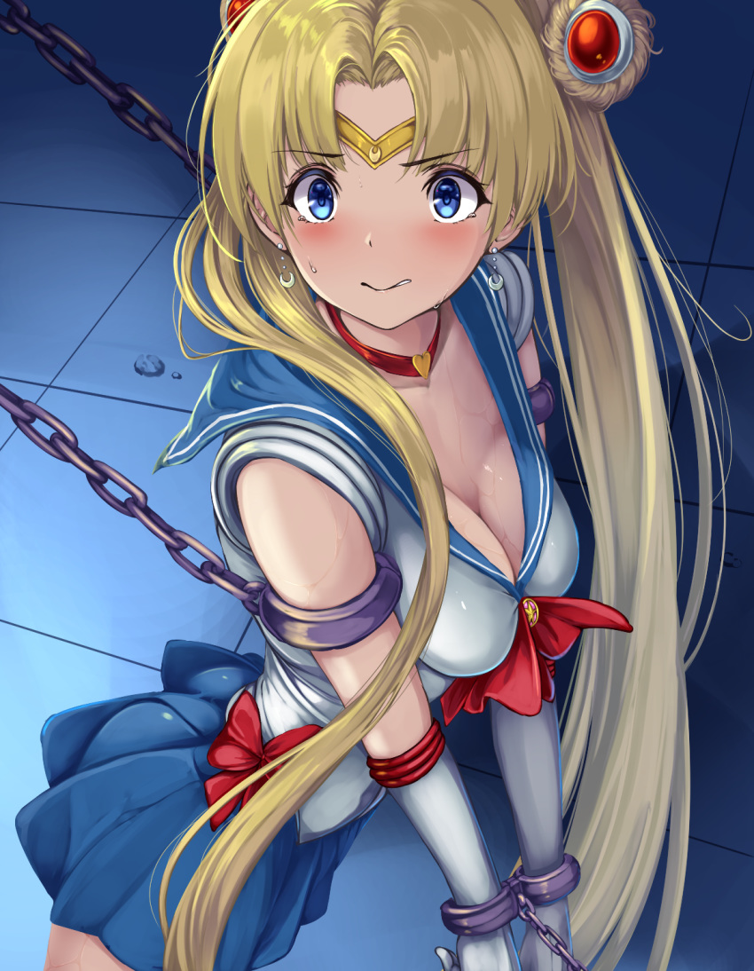 1girl bdsm bishoujo_senshi_sailor_moon blonde_hair blue_eyes blue_skirt blush bound bound_wrists breasts breath chain choker circlet cleavage collarbone cowboy_shot crescent crescent_earrings derivative_work double_bun earrings elbow_gloves gloves hair_over_shoulder heart heart_choker heavy_breathing highres jewelry long_hair looking_at_viewer medium_breasts monikano red_choker restrained sailor_moon sailor_moon_redraw_challenge school_uniform screencap_redraw serafuku sex_machine skirt solo sweat tsukino_usagi twintails twitching very_long_hair