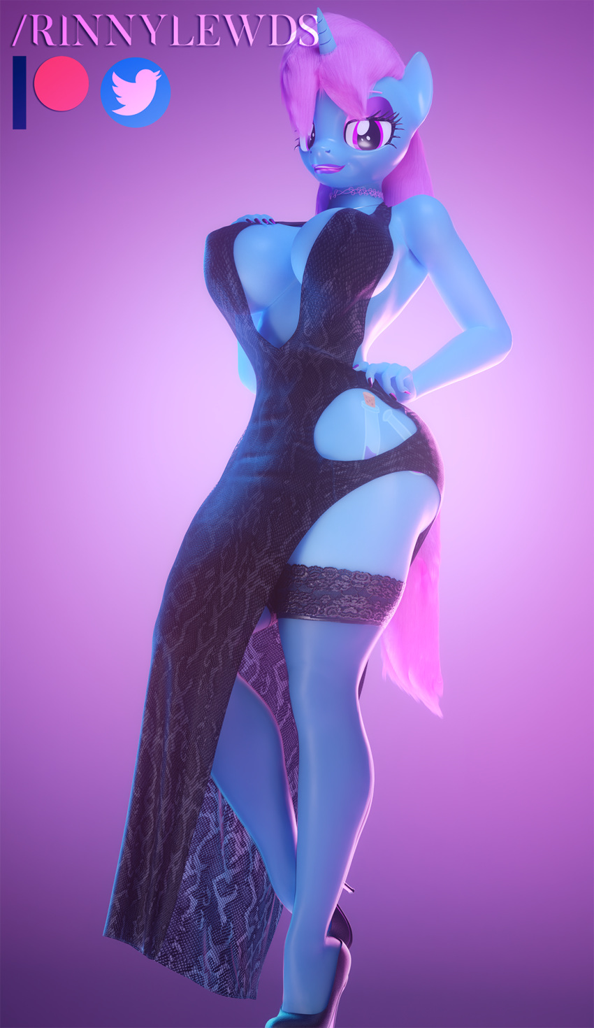 3d_(artwork) alternate_hairstyle anthro big_breasts big_butt bimbofication bimbofied blender_(software) breasts butt choker cleavage clothed clothing cutie_mark digital_media_(artwork) dress equid eyeshadow fan_character female footwear gynomorph hand_on_breast hand_on_hip hi_res high_heels horn intersex jewelry legwear lipstick looking_at_viewer lovebrew_(oc) makeup mammal my_little_pony necklace nipple_outline patreon patreon_logo pink_lipstick pinup pose purple_eyes purple_eyeshadow rinny shoes solo stockings thick_thighs thigh_highs unicorn watermark