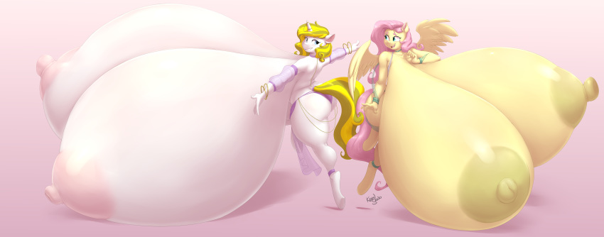 2020 5_fingers absurd_res anthro areola big_breasts bracelet breasts duo equid equine eyebrows female fingers fluttershy_(mlp) friendship_is_magic hi_res horn huge_breasts hyper hyper_breasts hyperstorm_h jewelry kevinsano mammal my_little_pony pegasus simple_background thick_thighs unicorn white_heart_(oc) wings