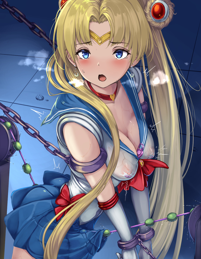 1girl bdsm bishoujo_senshi_sailor_moon blonde_hair blue_eyes blue_skirt blush bound bound_wrists breasts breath chain choker circlet cleavage collarbone commentary_request cowboy_shot crescent crescent_earrings derivative_work double_bun earrings elbow_gloves gloves hair_over_shoulder heart heart_choker heavy_breathing highres jewelry long_hair looking_at_viewer medium_breasts monikano open_mouth red_choker restrained sailor_moon sailor_moon_redraw_challenge school_uniform screencap_redraw serafuku sex_machine skirt solo sweat tsukino_usagi twintails twitching very_long_hair vibrator