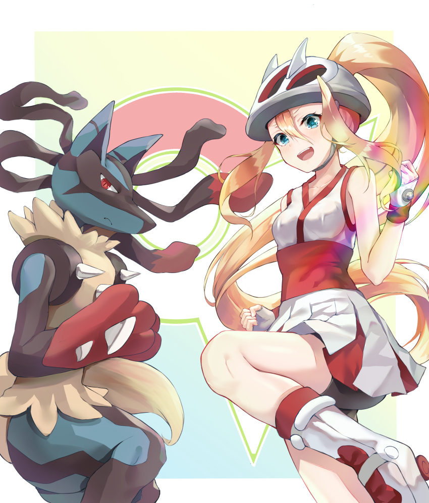 1girl 1other :d absurdres ass bangs bare_shoulders bicycle_helmet bike_shorts blonde_hair blue_eyes blush breasts clenched_hands collarbone commentary cowboy_shot fingerless_gloves gen_4_pokemon gloves gym_leader hair_between_eyes hair_intakes hair_through_headwear helmet highres kano_(mgnnew12) koruni_(pokemon) long_hair looking_at_viewer lucario medium_breasts mega_lucario mega_pokemon mega_stone multicolored multicolored_background open_mouth pokemon pokemon_(creature) pokemon_(game) pokemon_xy ponytail red_eyes roller_skates shirt shorts shorts_under_skirt skates skirt sleeveless sleeveless_shirt smile spikes standing standing_on_one_leg upper_teeth very_long_hair white_footwear white_gloves white_headwear white_shirt white_skirt