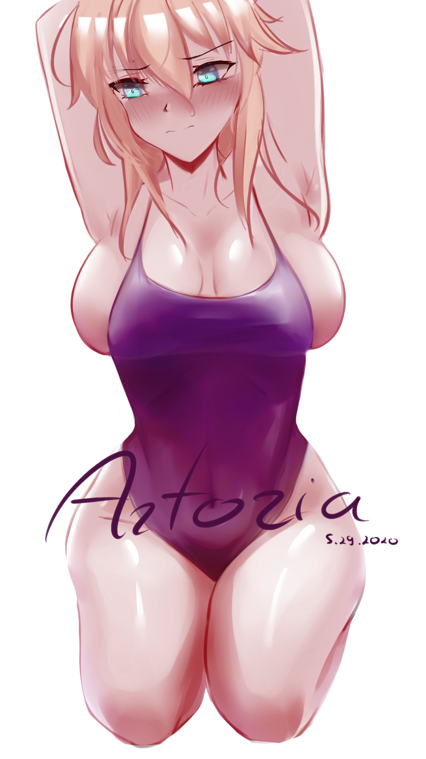 1girl 2020 absurdres arms_behind_head artoria_pendragon_(all) artoria_pendragon_(lancer) biriyb blonde_hair blue_eyes blush breasts competition_swimsuit dated embarrassed fate/grand_order fate_(series) frown highres large_breasts one-piece_swimsuit sidelocks swimsuit thighs