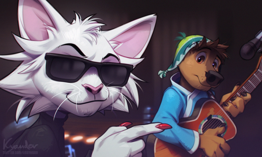 4_fingers 5:3 anthro brown_body brown_eyes brown_fur brown_hair canid canine canis clothed clothing domestic_cat domestic_dog eyewear felid feline felis fingers fur glasses hair kyander male mammal pink_nose whiskers white_hair