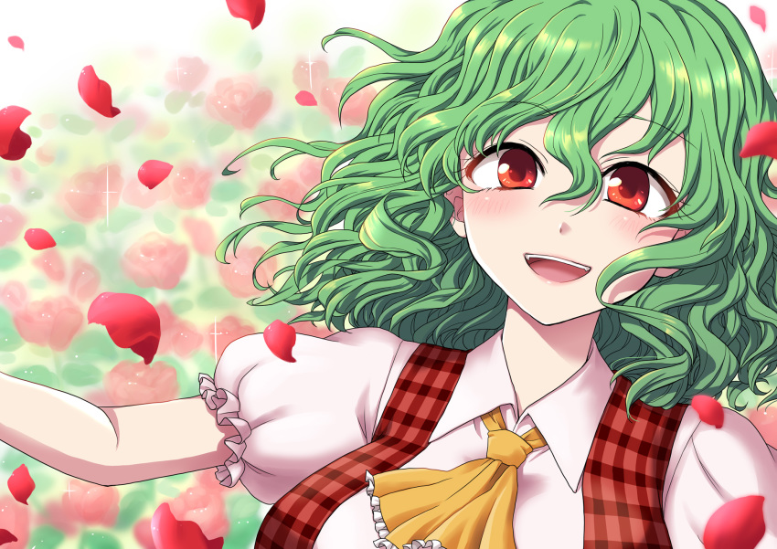 1girl ascot blurry blurry_background blush breasts collared_shirt colored_eyelashes commentary_request depth_of_field eyebrows_visible_through_hair flower frilled_ascot frilled_sleeves frills green_hair hair_between_eyes happy highres kazami_yuuka large_breasts looking_at_viewer mokku open_mouth petals pink_lips plaid plaid_vest puffy_short_sleeves puffy_sleeves red_eyes red_vest reflective_eyes rose rose_petals shiny shiny_hair shirt short_hair short_sleeves smile solo teeth tongue touhou upper_body vest wavy_hair white_shirt yellow_neckwear