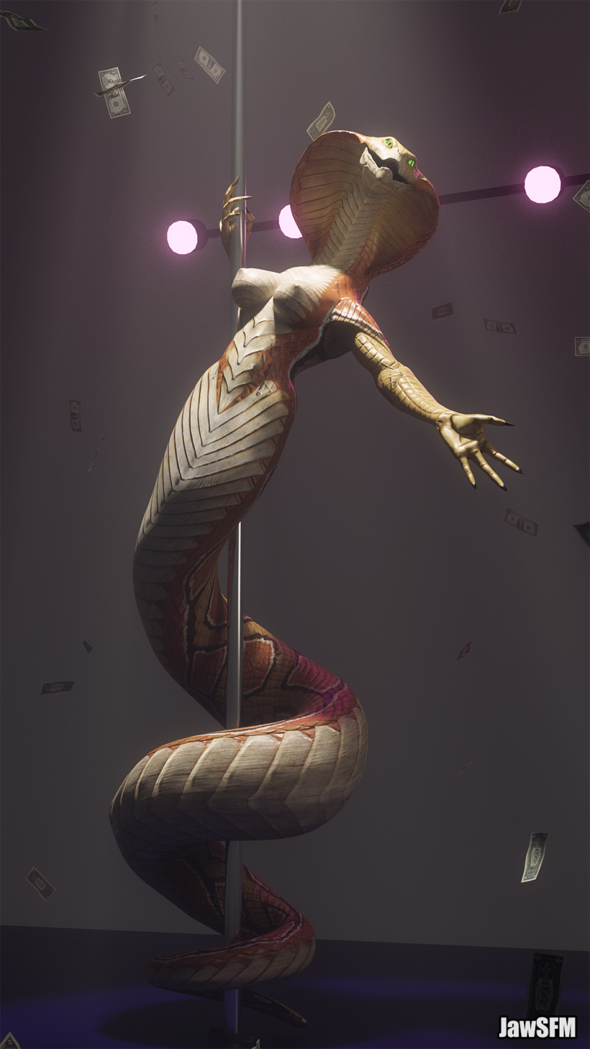 3d_(artwork) 4_fingers 9:16 anthro belly_scales breasts claws coiling dancing digital_media_(artwork) featureless_crotch female fingers green_sclera hi_res jawsfm long_neck long_tail looking_at_viewer money naga nipples non-mammal_breasts nude open_mouth orange_body orange_scales pole pole_dancing reptile scales scalie serpentine snake snake_hood solo video_games viper_(x-com) x-com x-com:_chimera_squad