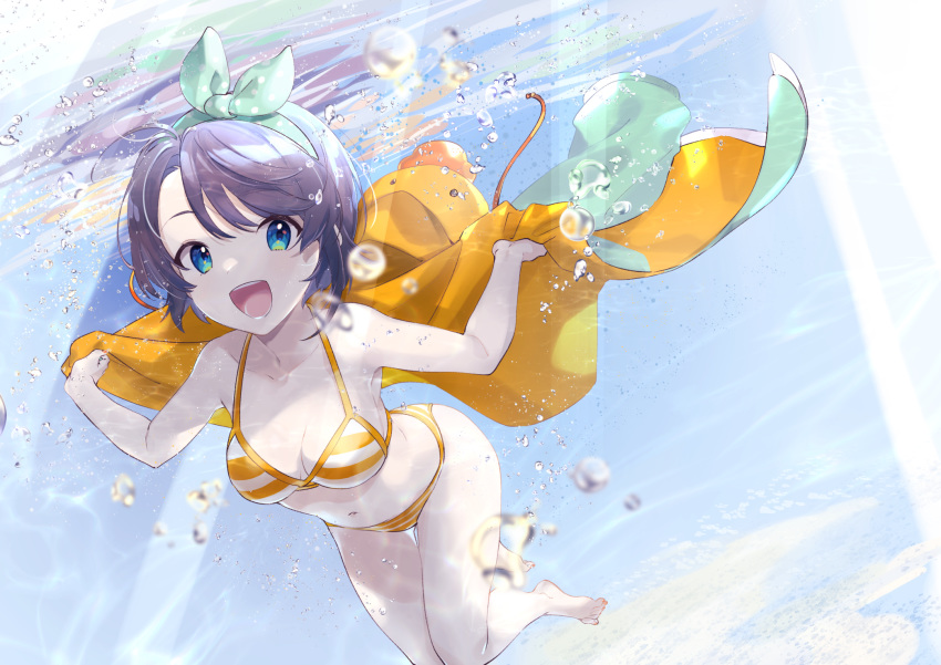 aqua_eyes bangs bare_shoulders barefoot bikini bow breasts brown_hair bubble cleavage commentary_request full_body green_bow hair_bow hairband highres hololive jacket looking_at_viewer medium_breasts navel nokachoco114 oozora_subaru open_mouth red_nails short_hair smile stomach striped striped_bikini swept_bangs swimming swimsuit toenail_polish underwater virtual_youtuber yellow_bikini yellow_jacket