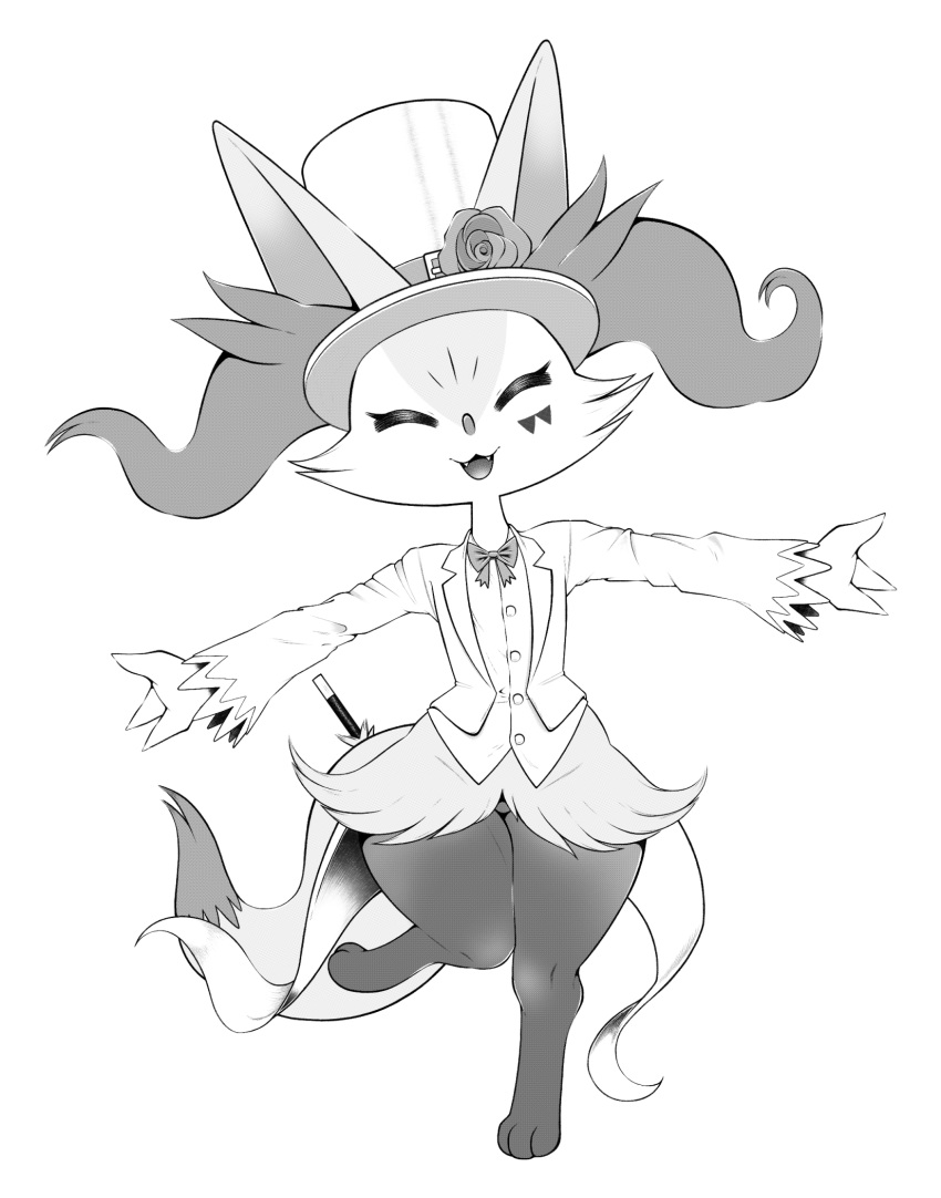 anthro bottomless box_(hajimeyou654) braixen clothed clothing ear_tuft eyes_closed featureless_crotch female flat_chested happy hat headgear headwear hi_res huge_hips huge_thighs magic_wand magician monochrome nintendo open_arms pok&eacute;mon pok&eacute;mon_(species) smile solo thick_thighs top_hat tuft video_games wide_hips
